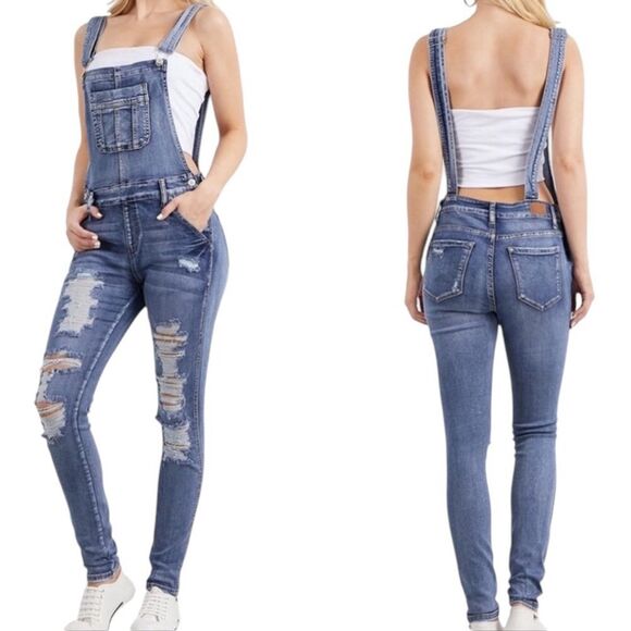 Judy Blue Skinny‎ Destroyed Jean Overalls Size XL Denim - Picture 1 of 7